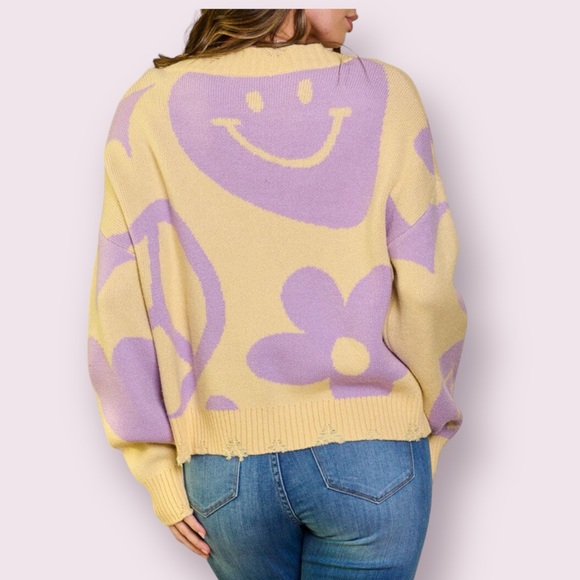 BAILEY ROSE Yellow and purple smiley sweater sz S M L - Picture 3 of 10
